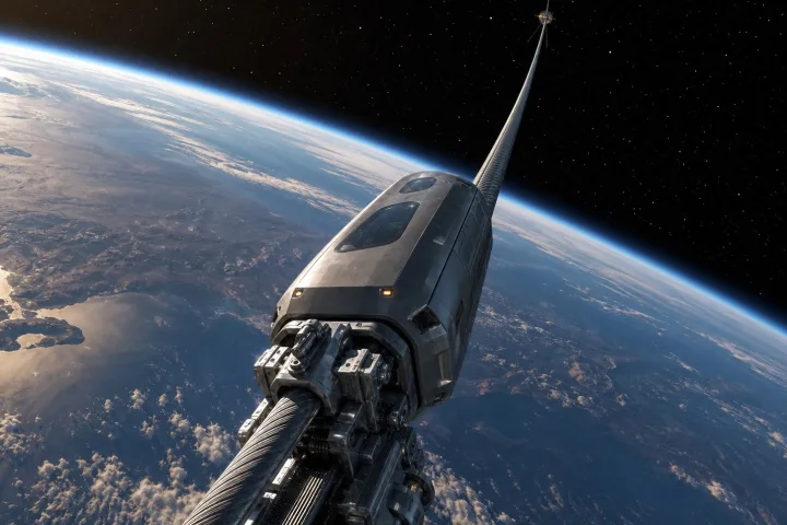 Rappresentazione artistica di un ascensore spaziale con cavo dalla Terra all'orbita, immagine scientifica