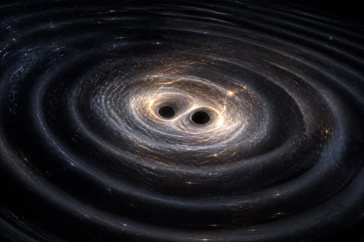 Rappresentazione artistica della fusione di due buchi neri che forma un buco nero di massa intermedia, immagine scientifica