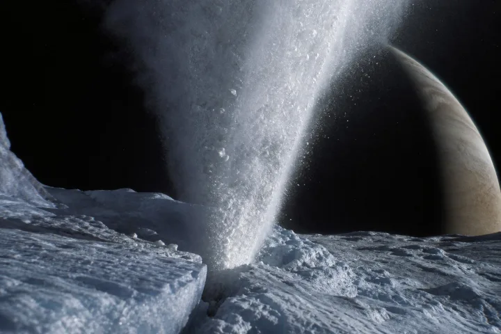 Geyser di ghiaccio che erutta da una luna ghiacciata del Sistema Solare, immagine reale NASA