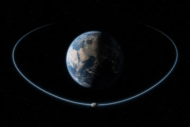 Rappresentazione scientifica dell'orbita a ferro di cavallo dell'asteroide quasi-satellite Cruithne intorno alla Terra