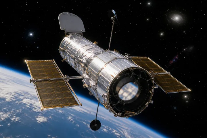 Astronauti durante la riparazione del telescopio spaziale Hubble nello spazio, immagine reale NASA