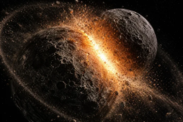 Rappresentazione artistica dell'impatto gigante tra Theia e la Terra primordiale che formò la Luna, immagine scientifica