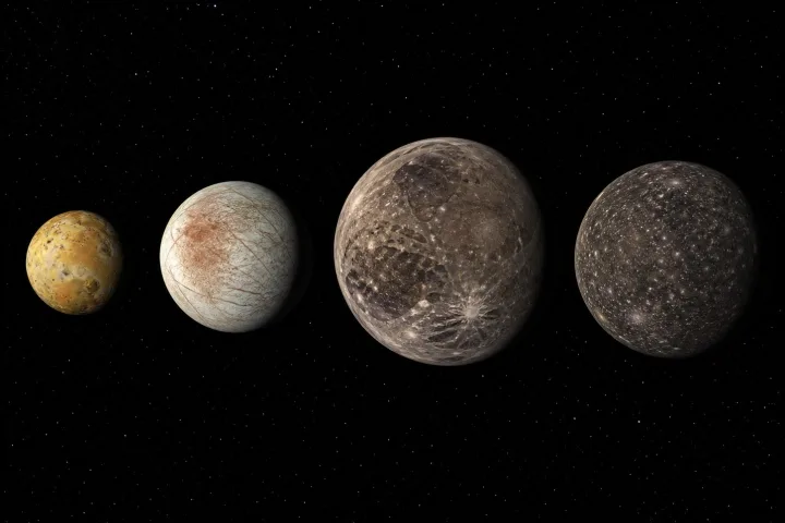 Le quattro lune galileiane di Giove, Io, Europa, Ganimede e Callisto, immagine reale NASA