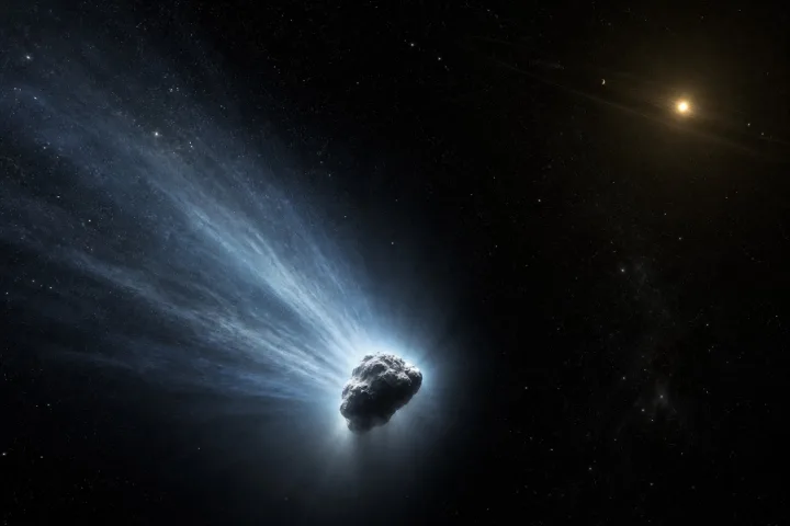 Rappresentazione scientifica della Nube di Oort che circonda il Sistema Solare, con comete in partenza