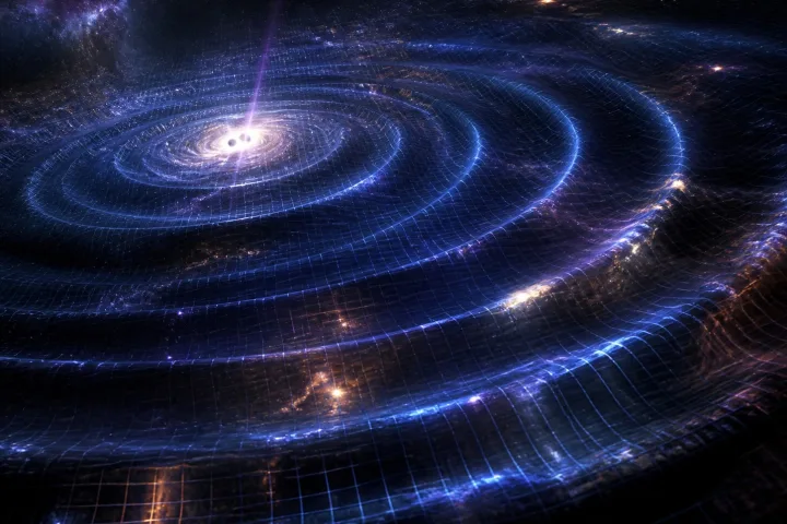 Rappresentazione artistica delle onde gravitazionali generate dalla fusione di due buchi neri, immagine scientifica