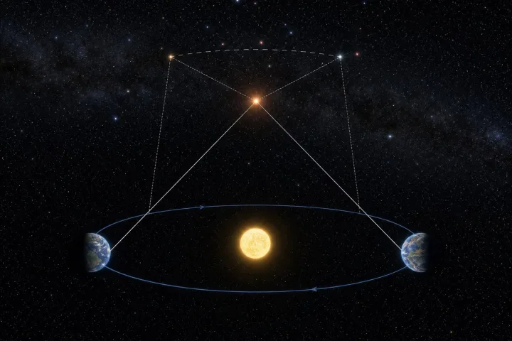 Rappresentazione scientifica del metodo della parallasse stellare per misurare la distanza delle stelle