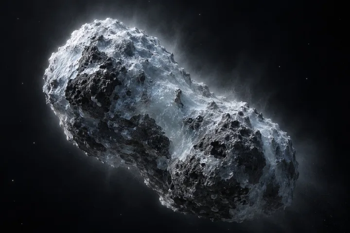 Rappresentazione scientifica di un piccolo corpo ghiacciato, un centauro, con una debole chioma di gas nello spazio