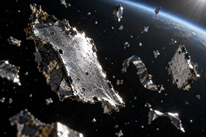 Rappresentazione scientifica di detriti spaziali in orbita attorno alla Terra dopo una collisione