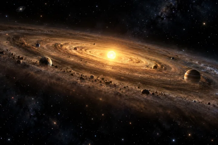 Rappresentazione scientifica di un disco protoplanetario piatto di gas e polvere in cui si formano i pianeti