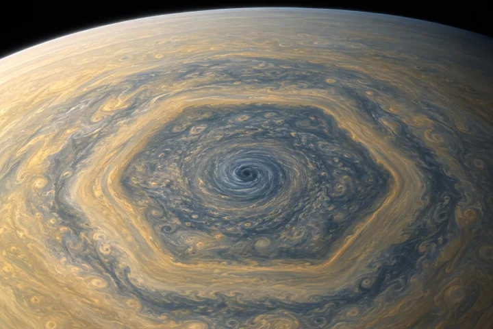 Vista ravvicinata dell'esagono atmosferico al polo nord di Saturno fotografato dalla sonda Cassini