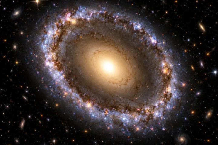 Una galassia a forma di anello luminoso formata dalla collisione con un'altra galassia più piccola