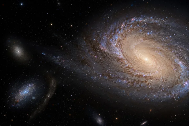 Rappresentazione scientifica del Gruppo Locale con la Via Lattea, Andromeda e le galassie satelliti circostanti