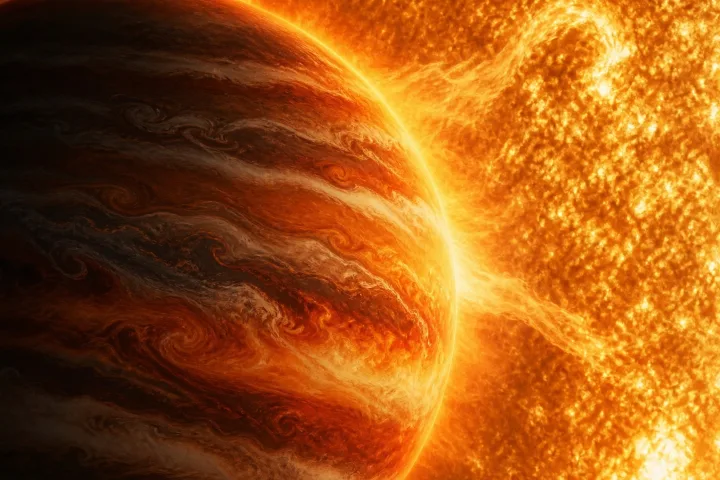 Rappresentazione artistica di un pianeta gigante gassoso incandescente in orbita molto vicina alla sua stella