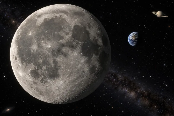 Diagramma scientifico che confronta la distanza della Luna dalla Terra con la posizione degli anelli di Saturno rispetto al limite di Roche
