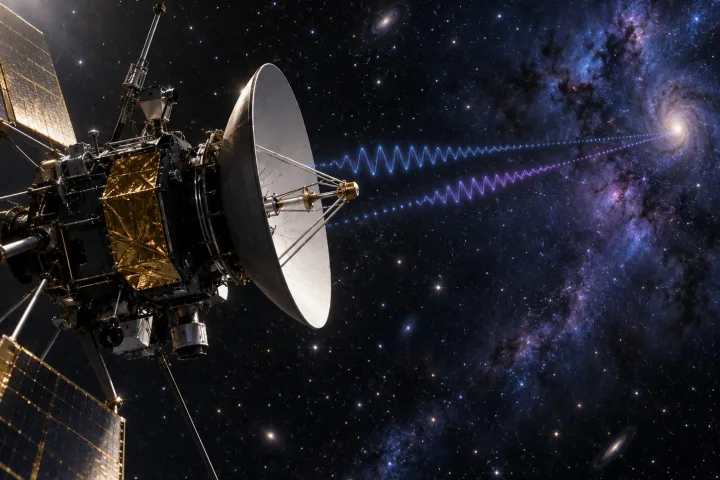 Rappresentazione scientifica di una pulsar che emette impulsi radio regolari usati per la navigazione di una sonda spaziale
