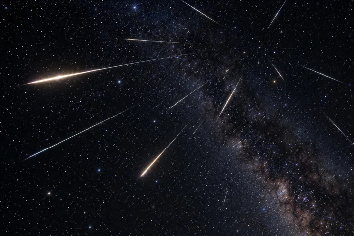Cielo notturno con le scie di uno sciame meteorico che sembrano provenire da un unico punto radiante