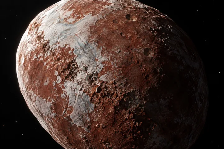 Rappresentazione artistica del piccolo pianeta nano Sedna, di colore rossastro, nello spazio profondo e buio