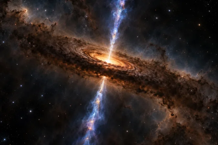 Una giovane stella T Tauri circondata da un disco di gas e polvere, con getti di materia espulsi dai poli
