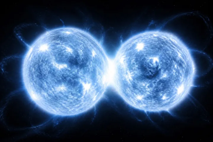 Rappresentazione scientifica di due stelle binarie che orbitano attorno al loro centro di massa comune