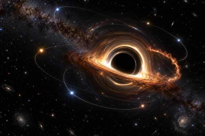 Rappresentazione scientifica di stelle in orbita attorno a un punto invisibile dello spazio, indizio della presenza di un buco nero