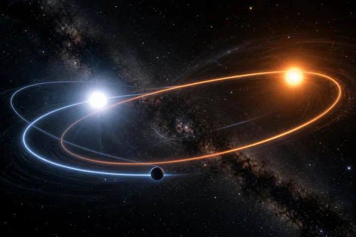 Rappresentazione scientifica delle orbite intrecciate e imprevedibili di tre corpi celesti che si attraggono reciprocamente per gravità
