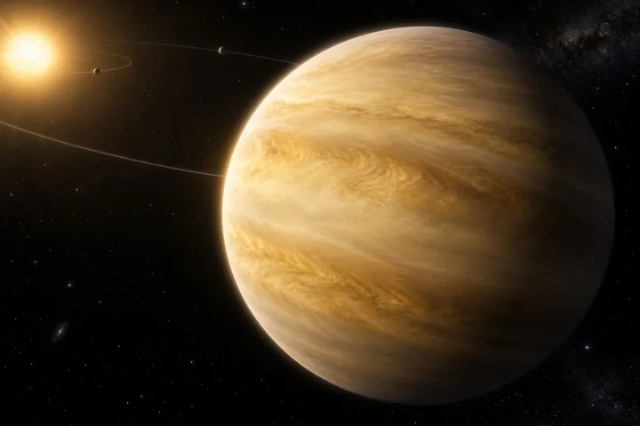 Rappresentazione scientifica di Venere con la sua atmosfera densa e gialla, che ruota molto lentamente su se stessa