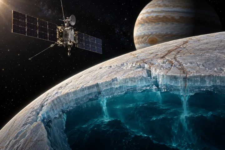 La superficie ghiacciata e craterizzata di Europa, la luna di Giove, con possibili pennacchi d'acqua