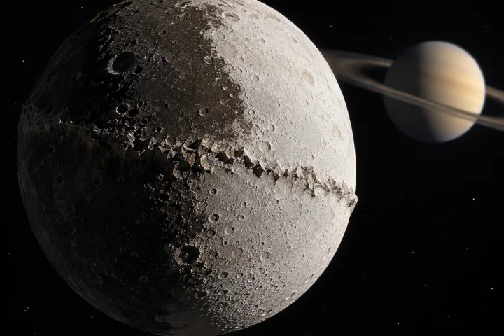 La luna Iapeto di Saturno con un emisfero scurissimo e uno bianco brillante