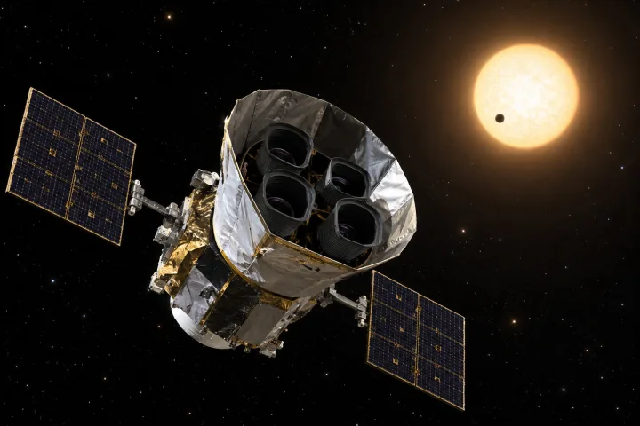 Il satellite TESS nello spazio con una stella sullo sfondo e un piccolo pianeta che transita davanti ad essa